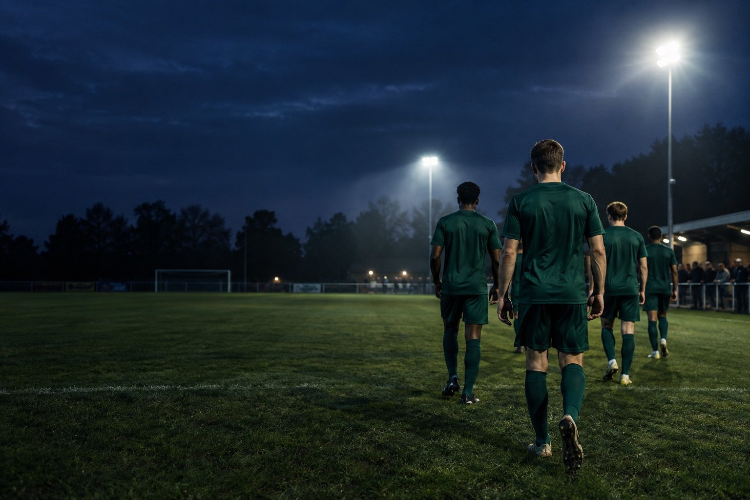 Footballers in green kits walking onto a community pitch under floodlights